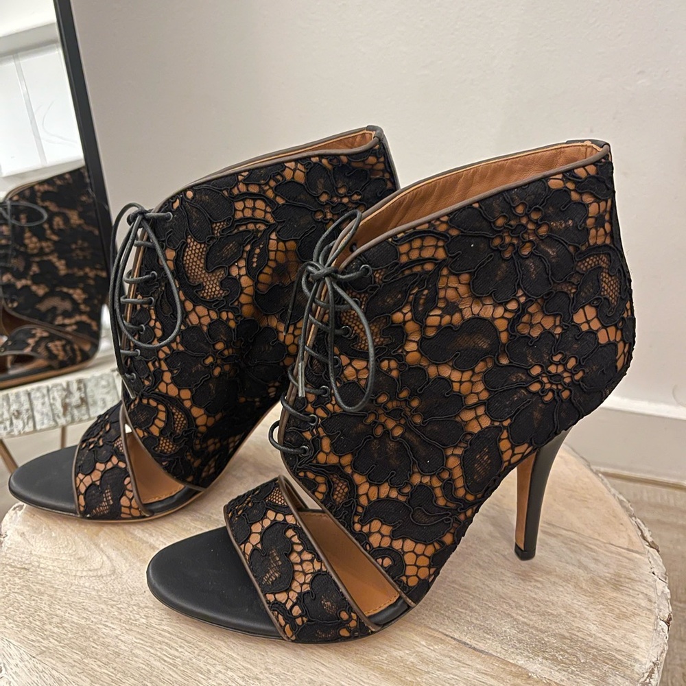 Givenchy peep-toe ankle boots in brown leather and black lace